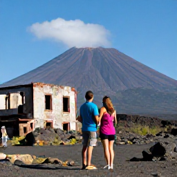 Caribbean Holidays, Montserrat Couples Holidays, Couple exploring the volcanic landscape and abandoned buildings of Plymouth, Montserrat, with Soufriere Hills volcano in the background