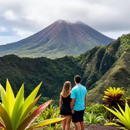 Caribbean Holidays, Montserrat Couples Holidays, Couple hiking through lush Montserrat rainforest towards volcanic viewpoints, tropical plants and dramatic mountain scenery