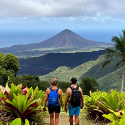 Caribbean Holidays, Montserrat Couples Holidays, Couple hiking through lush Montserrat rainforest with tropical plants, volcanic landscape and distant sea views