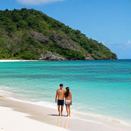 Caribbean Holidays, Montserrat Couples Holidays, Couple relaxing on a secluded Montserrat beach with calm turquoise water and green hills behind