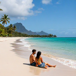 Caribbean Holidays, Montserrat Couples Holidays, Couple relaxing on a secluded Montserrat beach with calm turquoise water and palm trees