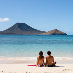 Caribbean Holidays, Montserrat Couples Holidays, Couple relaxing on a secluded Montserrat beach with volcanic hills and calm turquoise water in the background