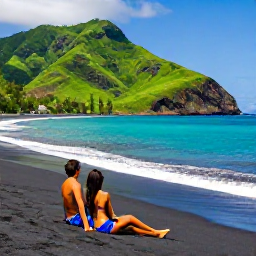 Caribbean Holidays, Montserrat Couples Holidays, Couple relaxing on a secluded tropical beach in Montserrat with black volcanic sand, turquoise sea and green hills