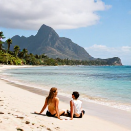 Caribbean Holidays, Montserrat Couples Holidays, Couple relaxing on a secluded tropical beach in Montserrat with calm blue sea, volcanic hills and palm trees