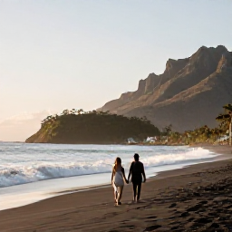 Caribbean Holidays, Montserrat Couples Holidays, Couple walking hand in hand along a quiet black sand beach in Montserrat at sunset