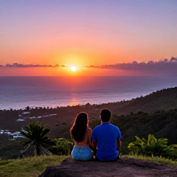 Caribbean Holidays, Montserrat Couples Holidays, Couple watching a colourful Caribbean sunset from a quiet Montserrat viewpoint, ocean horizon and tropical hills
