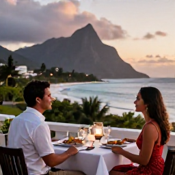 Caribbean Holidays, Montserrat Couples Holidays, Romantic Caribbean dinner for two on a Montserrat terrace, local food, soft evening light and ocean views