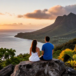 Caribbean Holidays, Montserrat Couples Holidays, Romantic coastal viewpoint in Montserrat at sunset, couple overlooking the Caribbean Sea and lush volcanic hills