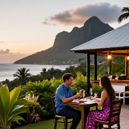 Caribbean Holidays, Montserrat Couples Holidays, Romantic couple dining outdoors at a small Montserrat restaurant at sunset, with tropical greenery and ocean views
