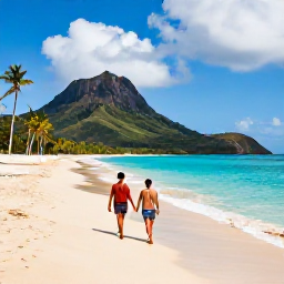 Caribbean Holidays, Montserrat Couples Holidays, Romantic couple relaxing on a secluded Montserrat beach with turquoise sea, volcanic hills and palm trees
