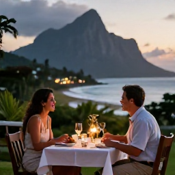 Caribbean Holidays, Montserrat Couples Holidays, Romantic outdoor dinner for two at a small Montserrat restaurant with island scenery in the evening