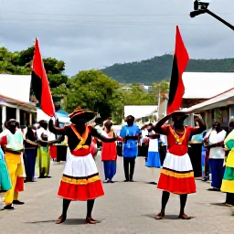 Caribbean Holidays, Montserrat Culture Holidays, Colourful traditional Montserratian cultural festival with dancers, musicians and island flags in a village street