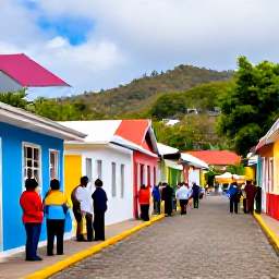 Caribbean Holidays, Montserrat Culture Holidays, Montserrat village street with colourful Caribbean buildings, friendly locals and a small cultural gathering