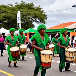 Caribbean Holidays, Montserrat Culture Holidays, Traditional Montserratian festival parade with green decorations, live drumming, dancers and families enjoying an outdoor celebration
