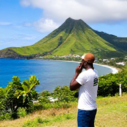Caribbean Holidays, Montserrat Culture Holidays, Traveller speaking with Montserrat residents beside a scenic Caribbean coastline and green volcanic hills