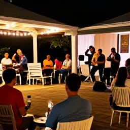 Caribbean Holidays, Montserrat December, Friendly travellers enjoying an evening Montserrat Christmas event with live music, warm lights and a relaxed Caribbean atmosphere