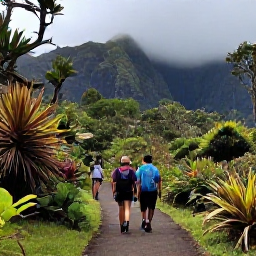 Caribbean Holidays, Montserrat December, Hikers walking through lush Montserrat rainforest on a marked trail, with tropical plants and misty volcanic mountains in the background