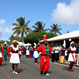 Caribbean Holidays, Montserrat December, Montserrat Christmas Festival street event with colourful costumes, performers, music and a cheerful crowd beneath tropical skies