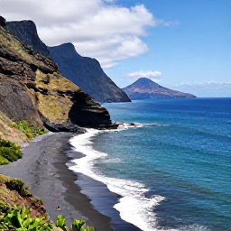 Caribbean Holidays, Montserrat December, Scenic Montserrat coastline with black volcanic sand, turquoise sea, dramatic cliffs and the Soufriere Hills volcano in the distance