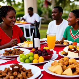 Caribbean Holidays, Montserrat December, Traditional Montserratian Christmas food served at a friendly outdoor gathering, including local dishes, cakes and tropical ingredients