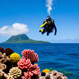 Caribbean Holidays, Montserrat Diving, A diver ascending above a vibrant reef with Montserrat&rsquo;s green volcanic coastline visible in the distance under a clear blue sky