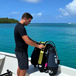 Caribbean Holidays, Montserrat Diving, A friendly Montserrat dive instructor helping visitors prepare scuba equipment beside a small boat at a peaceful Caribbean harbour