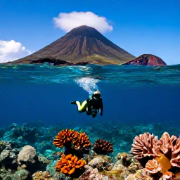Caribbean Holidays, Montserrat Diving, Clear Caribbean water around Montserrat, a diver exploring colourful reef and volcanic underwater scenery in September sunlight