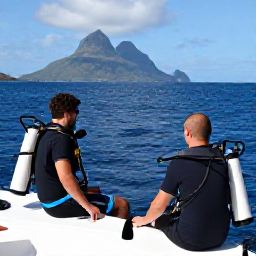 Caribbean Holidays, Montserrat Diving, Friendly divers relaxing beside a boat after a reef dive, with Montserrat coastline and calm Caribbean sea behind them