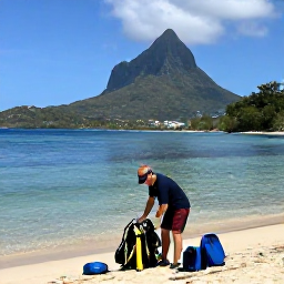 Caribbean Holidays, Montserrat Diving, Friendly scuba diving instructor preparing equipment beside a tropical bay on Montserrat