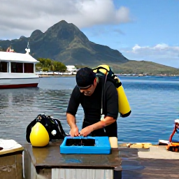 Caribbean Holidays, Montserrat Diving January, A relaxed diver rinsing equipment beside a small harbour on Montserrat after a morning dive, with tropical hills in the background