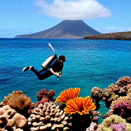 Caribbean Holidays, Montserrat Diving June, A clear tropical sea around Montserrat with a diver exploring colourful reef life near the volcanic coastline