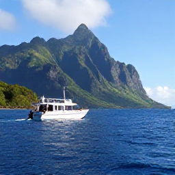 Caribbean Holidays, Montserrat Diving June, A friendly Montserrat dive boat carrying scuba divers towards a dramatic green volcanic coastline on a sunny June morning