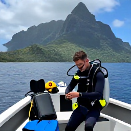 Caribbean Holidays, Montserrat Diving June, A scuba diver preparing equipment beside a small boat with Montserrat&rsquo;s lush hills in the background