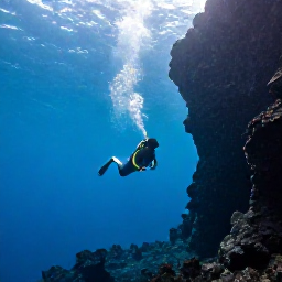 Caribbean Holidays, Montserrat Diving October, A diver swimming above a dramatic underwater volcanic rock formation off Montserrat, with sunlight filtering through blue water