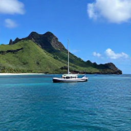 Caribbean Holidays, Montserrat Diving October, A small dive boat leaving a quiet Montserrat bay with green volcanic hills and the Caribbean Sea in the background