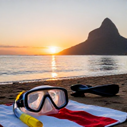 Caribbean Holidays, Montserrat Diving, Peaceful Montserrat coastline at sunset with calm sea and a diver's mask resting on a towel