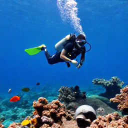 Caribbean Holidays, Montserrat Diving, Scuba diver swimming above a submerged volcanic reef with tropical fish and clear blue water