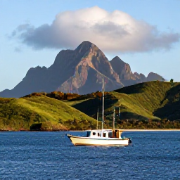 Caribbean Holidays, Montserrat Diving, Small dive boat leaving Montserrat&rsquo;s coast on a calm September morning, with green hills and volcanic peaks in the background