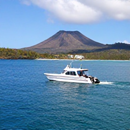 Caribbean Holidays, Montserrat Diving, Small dive boat travelling across calm turquoise sea with Montserrat's volcanic coastline in the background