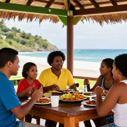 Caribbean Holidays, Montserrat Family Holidays, A family enjoying a relaxed outdoor meal at a small Montserrat restaurant, with local Caribbean food and friendly island atmosphere