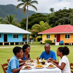 Caribbean Holidays, Montserrat Family Holidays, A family enjoying a relaxed outdoor meal in a colourful Montserrat village setting, with local Caribbean dishes and tropical greenery