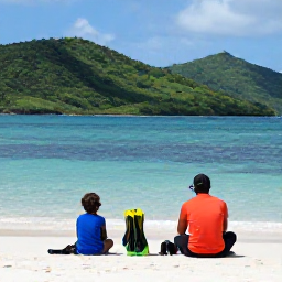 Caribbean Holidays, Montserrat Family Holidays, A family relaxing beside the calm Caribbean Sea at Rendezvous Bay on Montserrat, with snorkelling gear and green hills behind