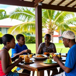 Caribbean Holidays, Montserrat Family Holidays, A family sharing a casual Caribbean meal at a friendly outdoor restaurant in Montserrat, with local dishes and tropical surroundings