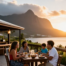 Caribbean Holidays, Montserrat Family Holidays, A family sharing a relaxed meal at an open-air restaurant in Montserrat at sunset
