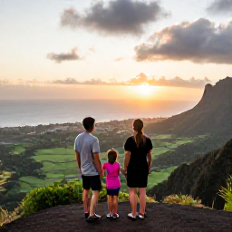 Caribbean Holidays, Montserrat Family Holidays, A family standing on a scenic Montserrat viewpoint at sunset, looking over green volcanic valleys and the Caribbean Sea