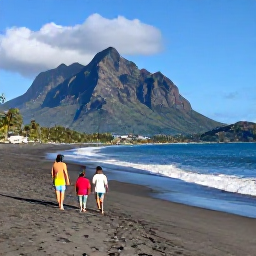 Caribbean Holidays, Montserrat Family Holidays, A family walking along a quiet black-sand beach on Montserrat in warm February sunshine, Caribbean scenery