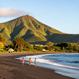 Caribbean Holidays, Montserrat Family Holidays, A family walking along a quiet black sand beach on Montserrat in warm January sunshine, with green volcanic hills in the background