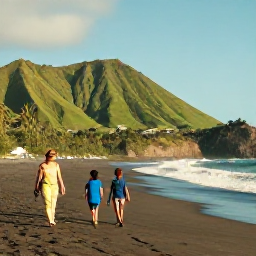 Caribbean Holidays, Montserrat Family Holidays, A family walking along a quiet black-sand beach on Montserrat in warm May sunshine, with green volcanic hills in the distance