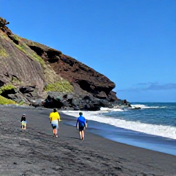 Caribbean Holidays, Montserrat Family Holidays, A family walking along a quiet volcanic beach in Montserrat under bright July sunshine