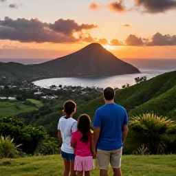 Caribbean Holidays, Montserrat Family Holidays, A happy family watching a vivid Caribbean sunset over Montserrat&rsquo;s green hills and volcanic coastline